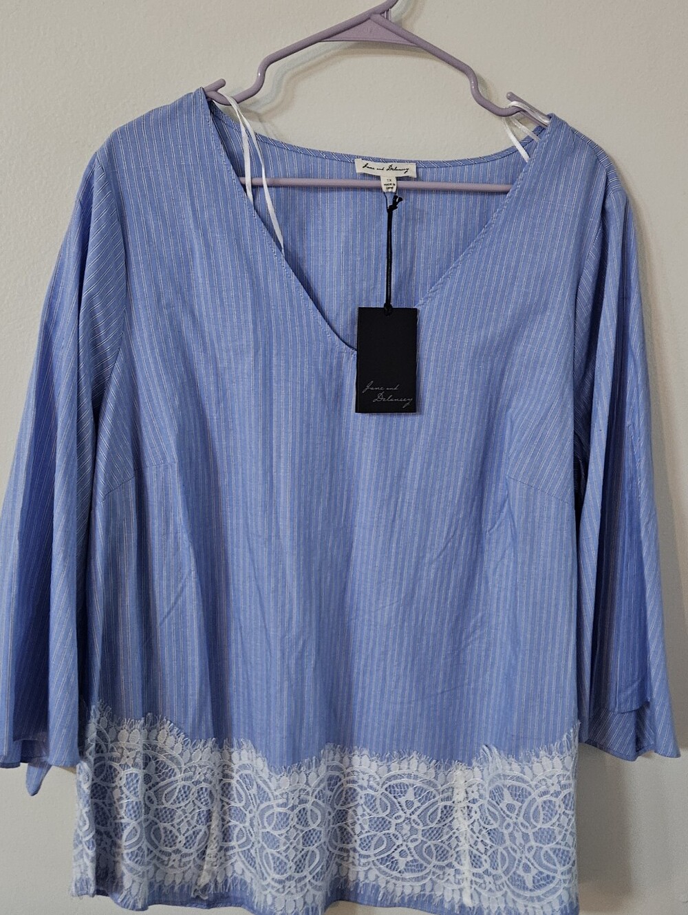 Jane and Delancey Blue and White Striped V-Neck Tunic with Lace Hem